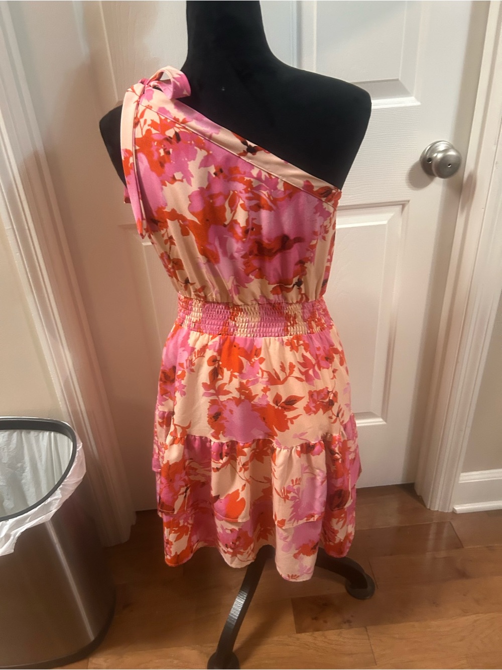 One-Shoulder Floral Dress in Pink and Orange-Small